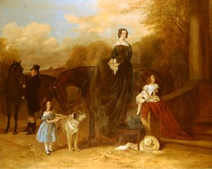 邸宅の外にハンターと犬がいる家族、1841年 作： Richard Ansdell