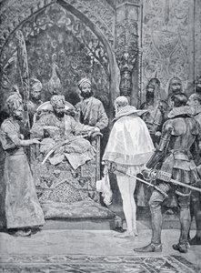 1599年、エリザベス女王の大使を受け取るアクバル大帝（リトグラフ 作： Richard Caton (after) Woodville