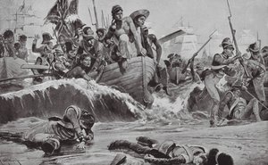 フランス軍の砲台を前に、アブーキール湾への上陸を強行するイギリス軍（リトグラフ） 作： Richard Caton II (after) Woodville
