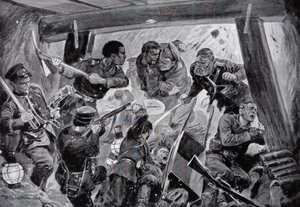 日露戦争：旅順の土塁での手に汗握る戦い（「国民の歴史」からの挿絵）（リトグラフ 作： Richard Caton II (after) Woodville