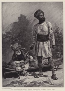 The dangers of mercy, Indian Ambulance Bearers under fire (litho) 作： Richard Caton II (after) Woodville