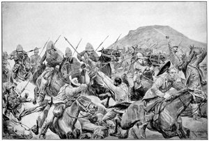 1899年11月21日、第二次ボーア戦争、エランドスラーゲでの第5ランサーの突撃。 作： Richard Caton II Woodville