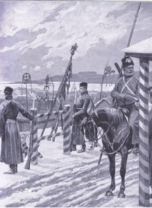 満州のコサックステーション。男性の小屋に部族のサインが描かれています。イラストは日露戦争1巻、1900年のカッセルの歴史からのイラストです。 作： Richard Caton Woodville
