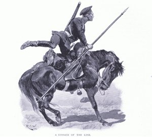 ラインのコサック、イラスト「日露戦争のカッセルの歴史」第1巻、1900年 作： Richard Caton Woodville