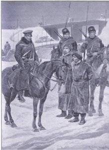 カッシーズから発見された日本のスパイの逮捕、カッセルの日露戦争第1巻のイラスト、1900年頃 作： Richard Caton Woodville