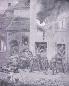 敵との戦い：ウェーバーリーブック社（1920年頃発行）の大戦争の歴史第3巻から、イープルでの家々の戦い 作： Richard Caton Woodville
