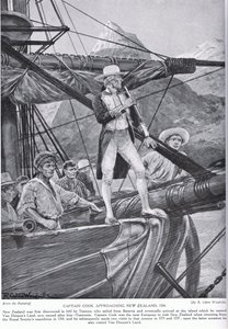 ニュージーランドに近づくキャプテンクック、「ハッチンソンのイギリス国民の物語」、1923年頃のイラスト