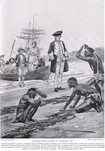 キャプテンクックがタスマニアに上陸、1777年、「ハッチンソンのイギリス国民の物語」、1923年頃のイラスト