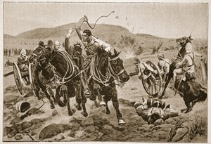 発動する野戦砲、「19世紀の戦い、Vol。 VI：アーチボルドフォーブス、GAヘンティ、アーサーグリフィス少佐による1899年から1900年のボーア戦争 作： Richard Caton Woodville