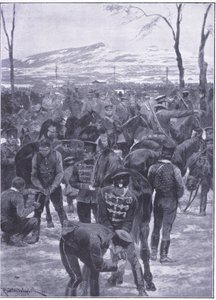 ソウルでの日本騎兵の野営地：作業中の蹄鉄工、カッセルの日露戦争第1巻のイラスト、1900年頃 作： Richard Caton Woodville
