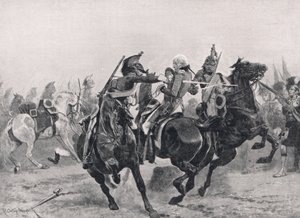1910年頃、ロンドンのカッセルから出版された「陸と海でのイギリスの戦い」のイラスト、フランスの竜騎士団によるラルフアバクロンビーへの攻撃 作： Richard Caton Woodville