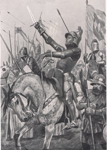 1403年7月21日、ヘンリーホットスパーの死、「陸と海での英国の戦い」のイラスト、ロンドン、カッセル発行、1910年 作： Richard Caton Woodville
