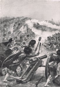ハイランド軍が捕獲したフランスの銃をブレニアス大隊に向けた。「陸と海のイギリスの戦い」のイラスト、ロンドン、カッセル発行、1910年 作： Richard Caton Woodville