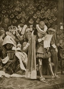 ジェームズ1世とデンマークのアンの戴冠式でのオマージュ、ラージス、および一般的な恩赦、1603年7月25日、「The Illustrated London News」、1902年 作： Richard Caton Woodville