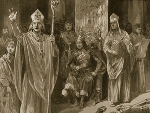 1199年5月27日、昇天の日、ジョンの戴冠式でカンタベリー大司教、ヒューバートウォルターの礼拝 作： Richard Caton Woodville
