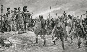 ウェスパシアヌスは彼の息子ティトゥスによって救助されました、「ハッチンソンの国家の歴史」、c.1910からのイラスト
