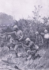 1873年のアシャンティキャンペーンにおけるイギリス軍の前進、陸と海でのイギリスの戦い、1915年の図解 作： Richard Caton Woodville junior