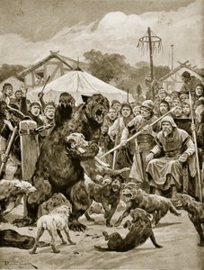 サクソンタイムズでのクマの餌、「ハッチンソンのイギリス国民の物語」、1920年頃のイラスト 作： Richard Caton Woodville junior