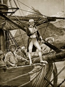 ニュージーランドに近づくキャプテンクック、「ハッチンソンのイギリス国民の物語」、1923年頃のイラスト 作： Richard Caton Woodville junior