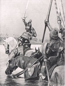 クレシーの戦いの前にソンムを渡るエドワード3世、「陸と海のイギリスの戦い」のイラスト、ロンドン、カッセル発行、1910年 作： Richard Caton Woodville junior