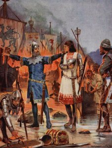 フィッツステファンはボートを燃やす、1169、「ハッチンソンのイギリス国民の物語」、1923年頃のイラスト 作： Richard Caton Woodville junior