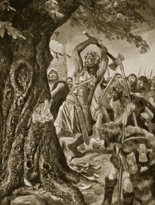 982年にミュンスターの戴冠式木を伐採するマラキ、「ハッチンソンのイギリス国民の物語」、1923年頃 作： Richard Caton Woodville junior