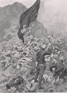 オムドゥルマン：1898年9月2日、黒旗の最後の旗手、陸と海でのイギリスの戦い、1915年のイラスト 作： Richard Caton Woodville junior