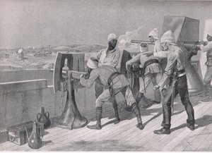 ナイル川を上る途中：ダービッシュでの発砲、陸と海でのイギリスの戦いのイラスト、1915 作： Richard Caton Woodville junior
