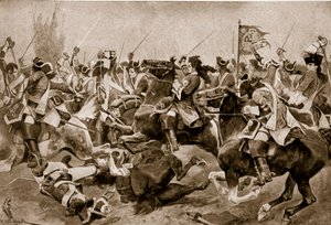 マルプラケの戦い、1709年、「ハッチンソンのイギリス国民の物語」、1923年頃のイラスト 作： Richard Caton Woodville junior