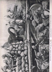 プレッシーの戦い1757年6月23日：可動式プラットフォーム上のナワブス砲、1915年の陸と海でのイギリスの戦いのイラスト 作： Richard Caton Woodville junior