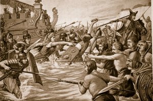 ジュリアスシーザーの着陸、「ハチソンのイギリス国民の物語」、1920年頃のイラスト 作： Richard Caton Woodville junior