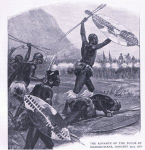1879年1月22日のイサンドルワナでのズールスの前進、1915年の陸と海でのイギリスの戦いのイラスト