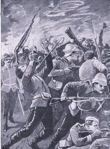 ロークスドリフトの防御、陸と海でのイギリスの戦いのイラスト、1915
