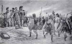 彼の息子ティトゥスによって救われたウェスパシアヌス、「ハッチンソンの国民の物語」からのイラスト 作： Richard Caton Woodville junior