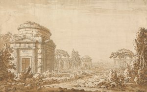 寺院と廃墟となった水道橋のある古典的なイタリアの風景 作： Richard Cooper the Younger