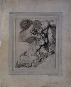 ライオンと蛇の間に挟まれた男」 1790年頃 紙にペンと茶色のインク、灰色のウォッシュ 作： Richard Cosway