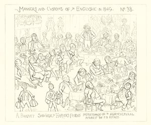 1849年、農民の友人が農業の利益に感銘を与え、破壊されたことを示す宴会 作： Richard Doyle