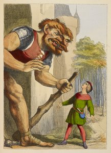 頭が二つある巨人を見上げるジャック。 巨人はウェールズ人。 児童書のカラーイラスト。 作： Richard Doyle