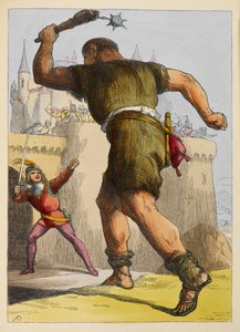 城の外で巨人と戦う準備ができているジャック。 児童書のカラーイラスト。 作： Richard Doyle