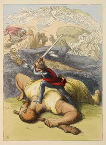 巨人の体の上に立ち、剣を構えるジャック。 児童書のカラーイラスト。 作： Richard Doyle