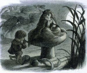 きのこに腰掛けた水の妖精が恋人に求愛される。 リチャード・ドイルの「ワールド・オブ・フェアリーズ」で