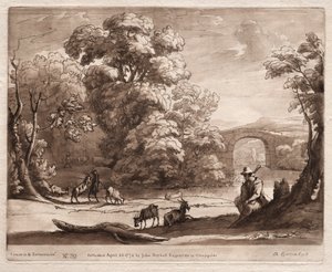 Liber Veritatis：No. 39、牧夫がバグパイプを演奏し、山羊がブラウジングする風景、1774年。 作： Richard Earlom