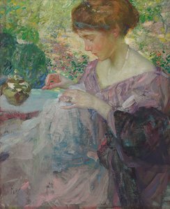 縫い物をする若い女性（キャンバスに油彩） 作： Richard Emil Miller