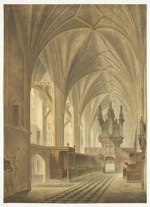 The Choir of Bristol Cathedral, Looking West（手彩色アクアチント 作： Richard G. Reeve