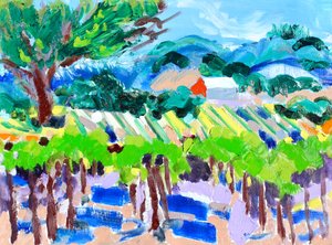 赤い納屋のあるブドウ園、2021年（紙に油彩） 作： Richard H. Fox