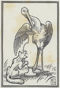 コウノトリとキタキツネ」（版画 作： Richard Heighway