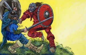 赤の騎士が強烈な一撃でバーリンを倒す 作： リチャード・フック