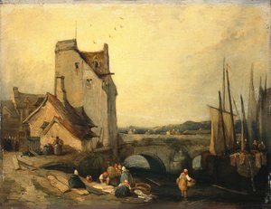 ブルターニュの眺め：橋、コテージ、洗濯婦（油彩・パネル） 作： Richard Parkes (attr. to) Bonington