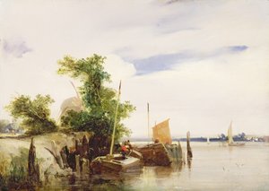 川の上のはしけ、c.1825-26（板紙の油）（署名済み） 作： Richard Parkes Bonington
