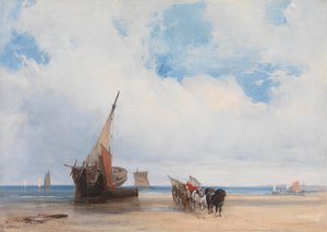 打ち上げられた船とトルヴィル近くの荷馬車 作： Richard Parkes Bonington